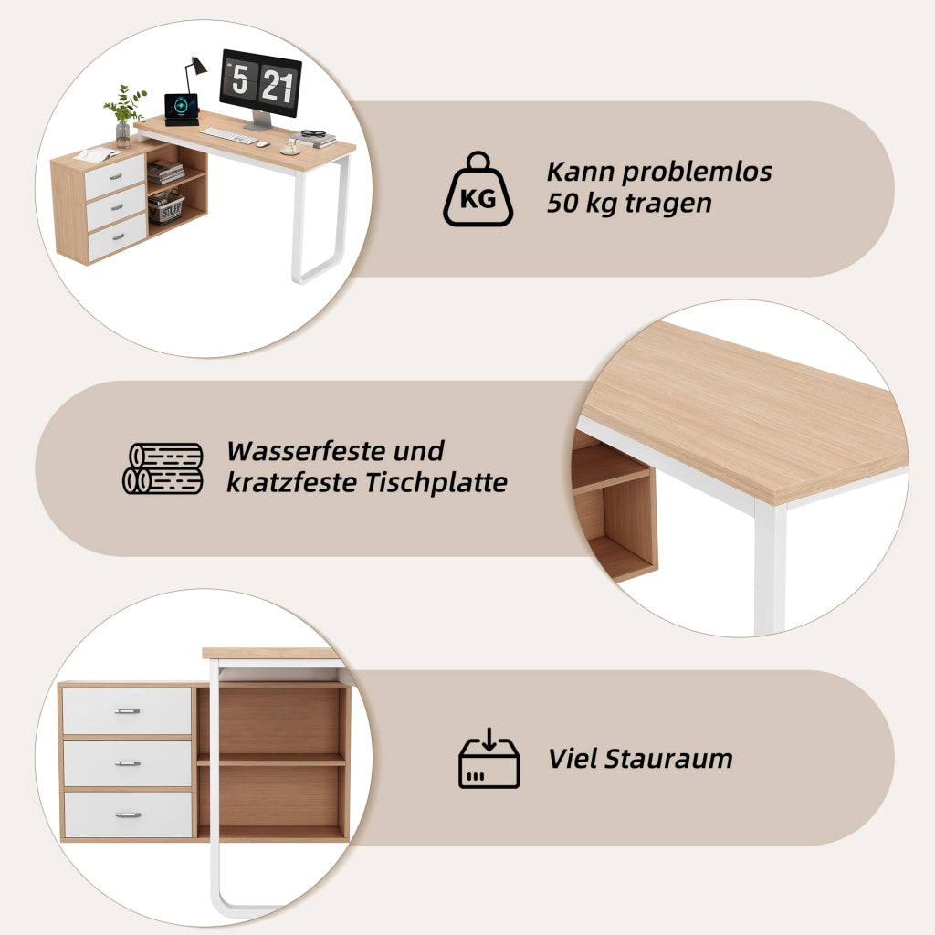 Scrivania lineare per ufficio con tre cassetti e due vani aperti in MDF e metallo naturale 147 × 100 × 75,3 cm
