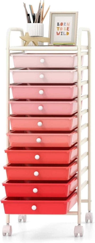 Carrello Portaoggetti con 10 Cassetti, Telaio in Metallo e Struttura in Plastica, 4 Ruote di cui 2 con Freno, Organizer Multiuso per Ufficio, Cucina e Bagno, 33 x 37 x 86 cm