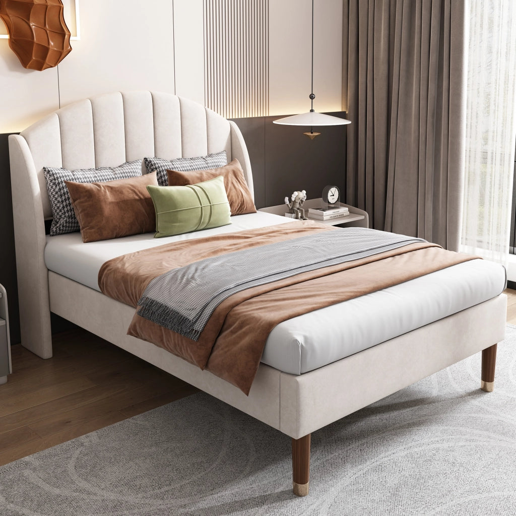Letto imbottito singolo 90x200 cm con rete a doghe e testiera, in velluto beige