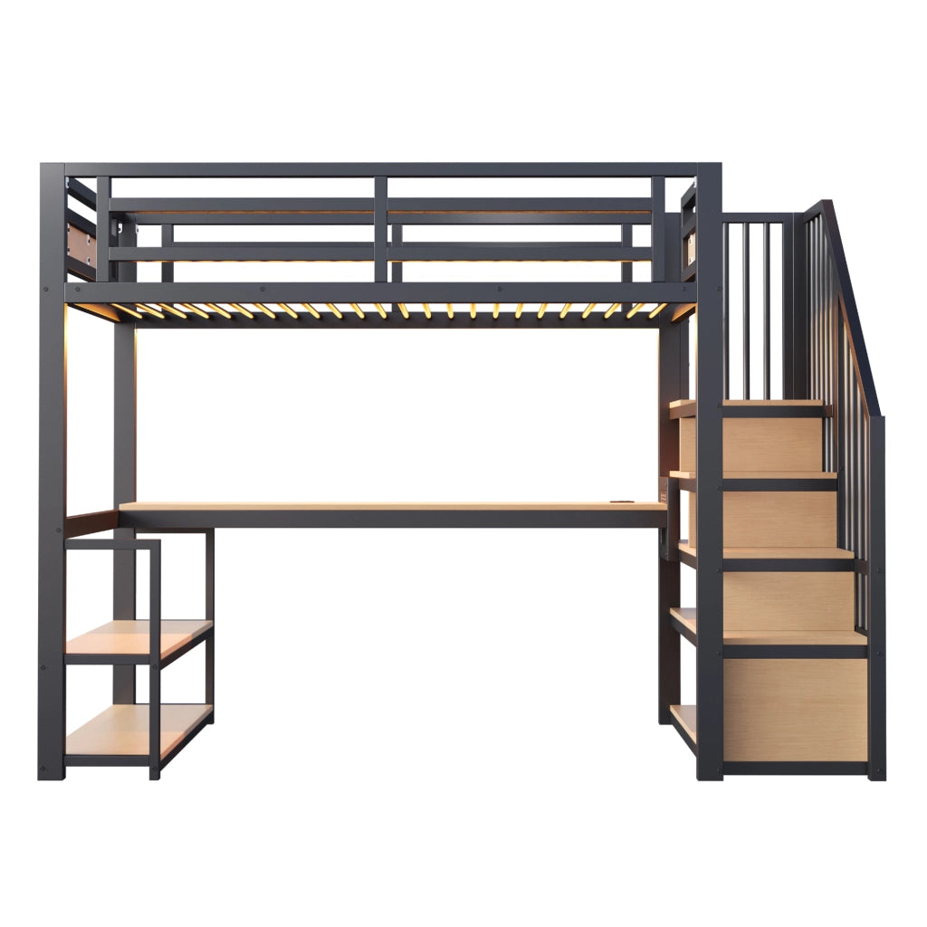 Letto a soppalco 90x200 cm in metallo nero con scala contenitore; scrivania e scaffali