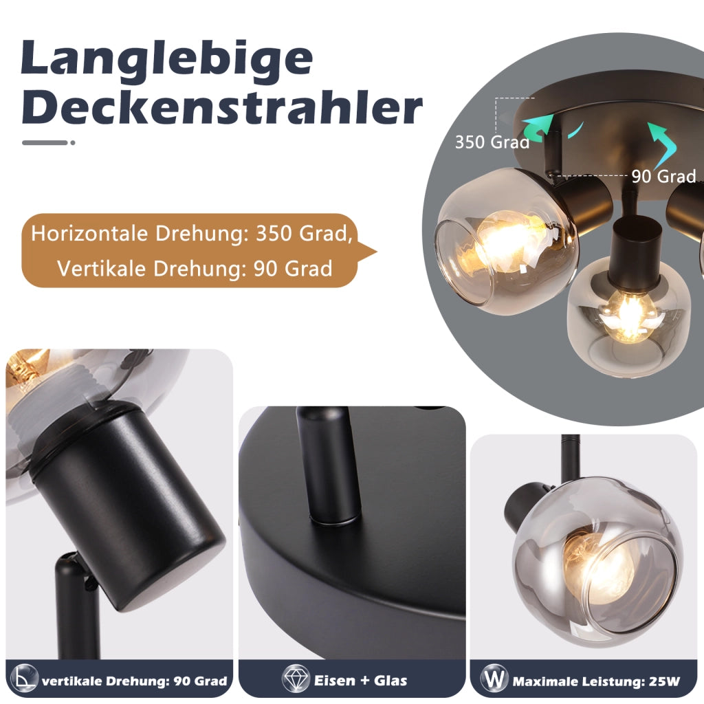 ZMH Faretto da soffitto neri 1 lampada E14 vetro fumé orientabili