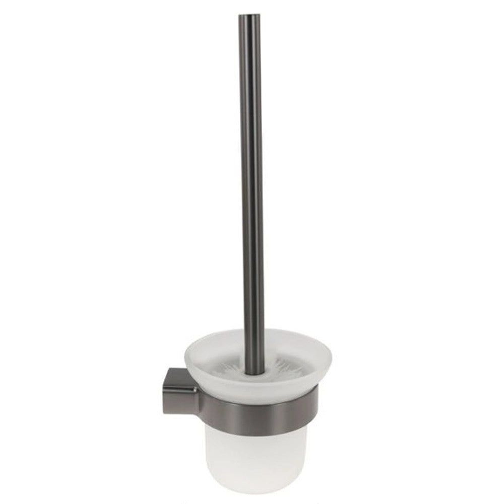 Trade Shop - Porta Scopino Con Bicchiere Vetro Satinato A Parete Stilizzato Acciaio Grigio Bagno 87945 -