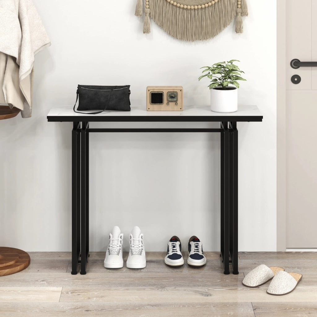 Consolle 110cm con piano in finto marmo e struttura in metallo per impieghi gravosi, Tavolino lungo per divano Nero-Consolle