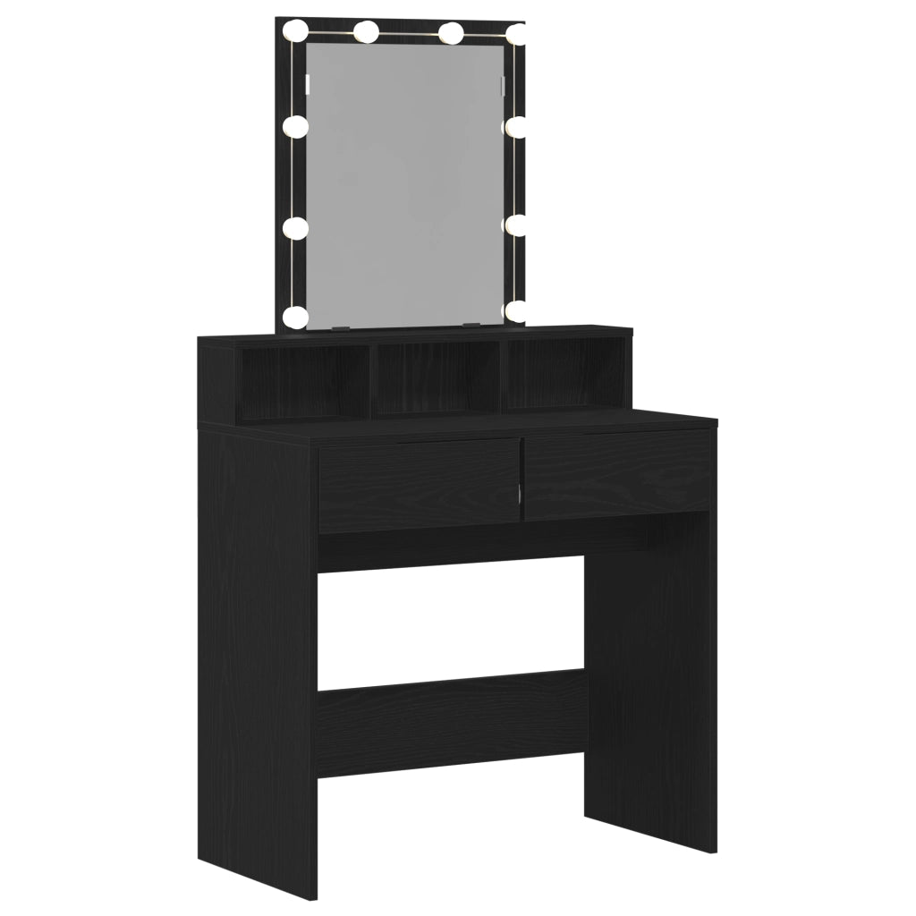 Tavolo da toeletta con specchio e luci LED in rovere nero legno ingegnerizzato