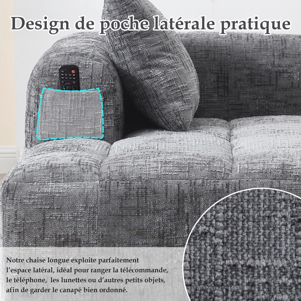 Chaise Longue Méridienne 1 Posto con Cuscino e Tasche Laterali Comfort Nuvola Seduta Ergonomica in Ciniglia Grigio