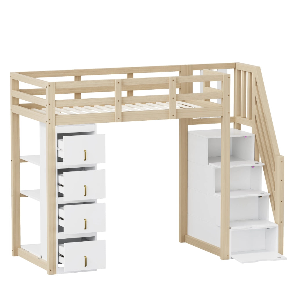 OKWISH Letto a soppalco 90×200 cm, Letto Singolo con 4 Cassetti, Mensole e Scala con Contenitore, senza Materasso, Legno Naturale