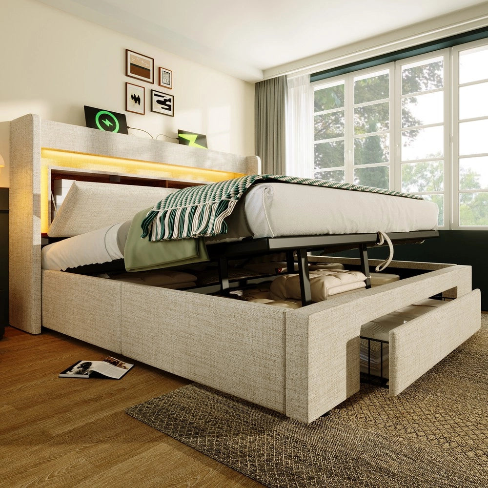 Letto Imbottito Contenitore 140x200 con LED, USB ¨C MINIMAL ¨C Beige, Tessuto Lino, Testiera con Vano