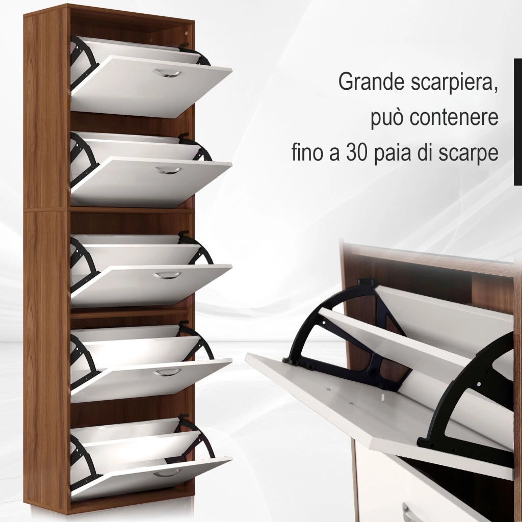 Easycomfort Scarpiera Slim a 5 Livelli con 2 Ripiani per Livello, in MDF, 60x28x189 cm, Bianco e Marrone