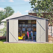 Casetta da giardino con doppie porte scorrevoli serrabili e tetto a due falde in metallo grigio 300 × 252 × 191 cm