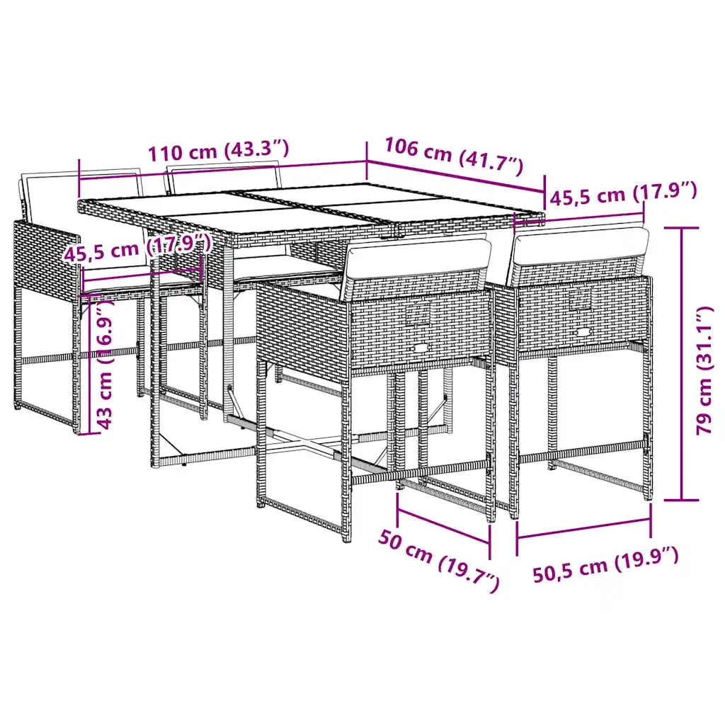 Set da Pranzo da Giardino 5 pz Nero con Cuscini in Polyrattan