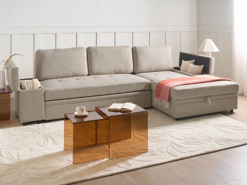 Divano letto angolare in finto lino per mancini con contenitore Cuscini in poliestere Schienale beige lato sinistro
