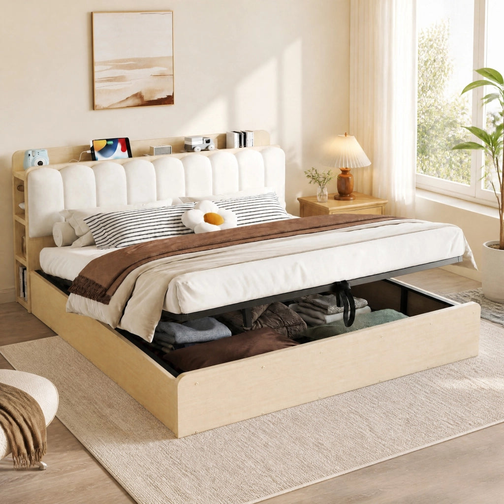 LETTO 180x200 cm in legno con contenitore idraulico, testiera imbottita, colore legno naturale