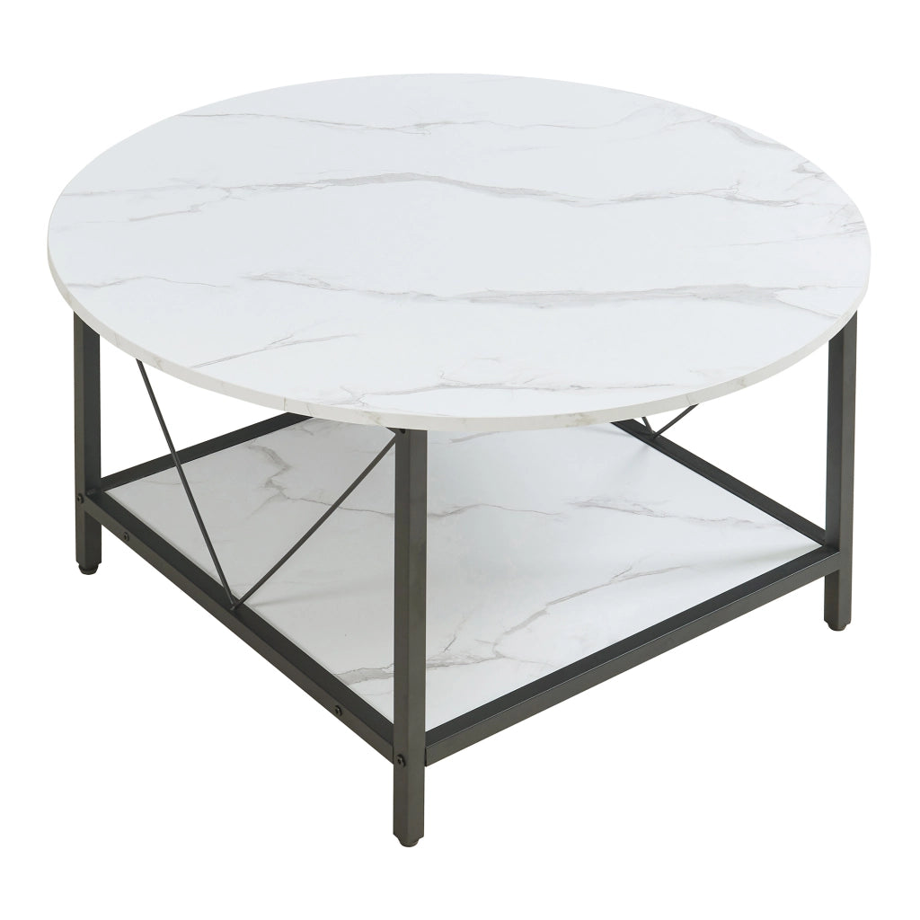 Tavolino da Caffè Filem con Piano Rotondo e Ripiano ØxA: 80 x 46 cm - Effetto Marmo Bianco [en.casa]