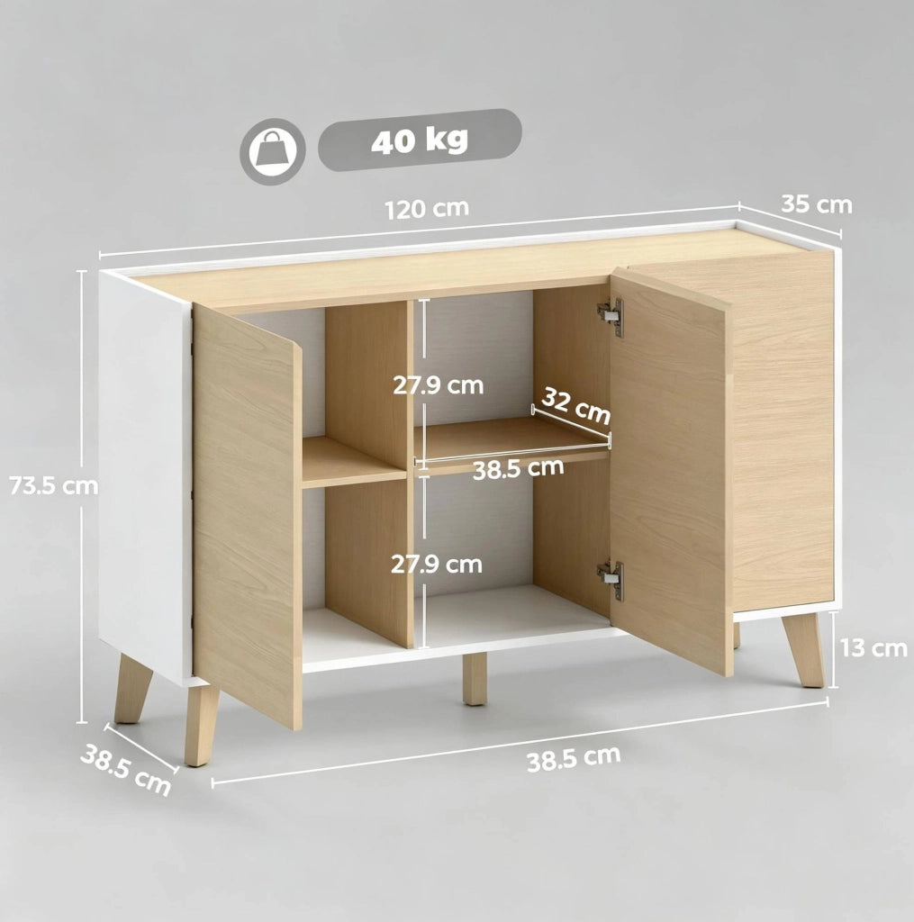Mobile buffet nordico con 3 ante e 6 scomparti, 120 cm, finitura naturale e bianca