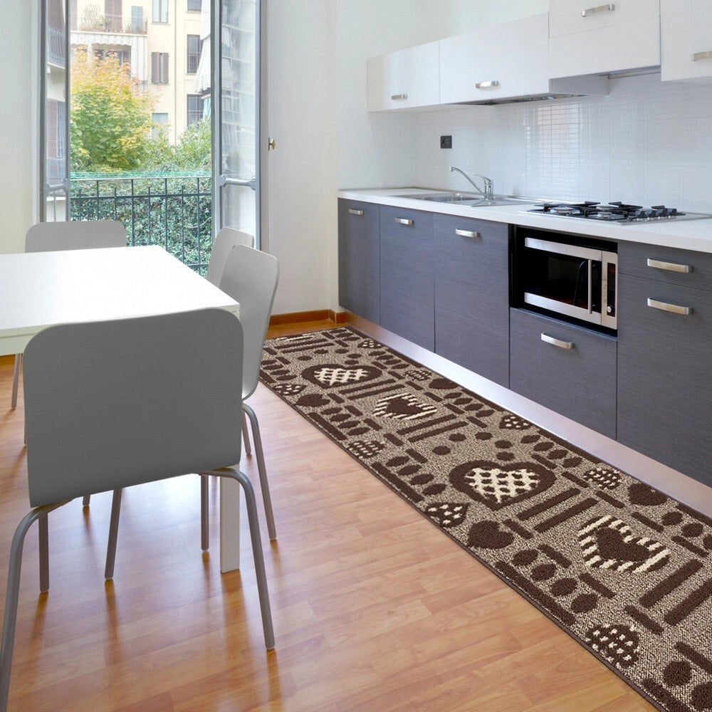 Tappeto Cucina Antiscivolo Cuori 3D Lavabile Moderno Assorbente Marrone 57x170 cm
