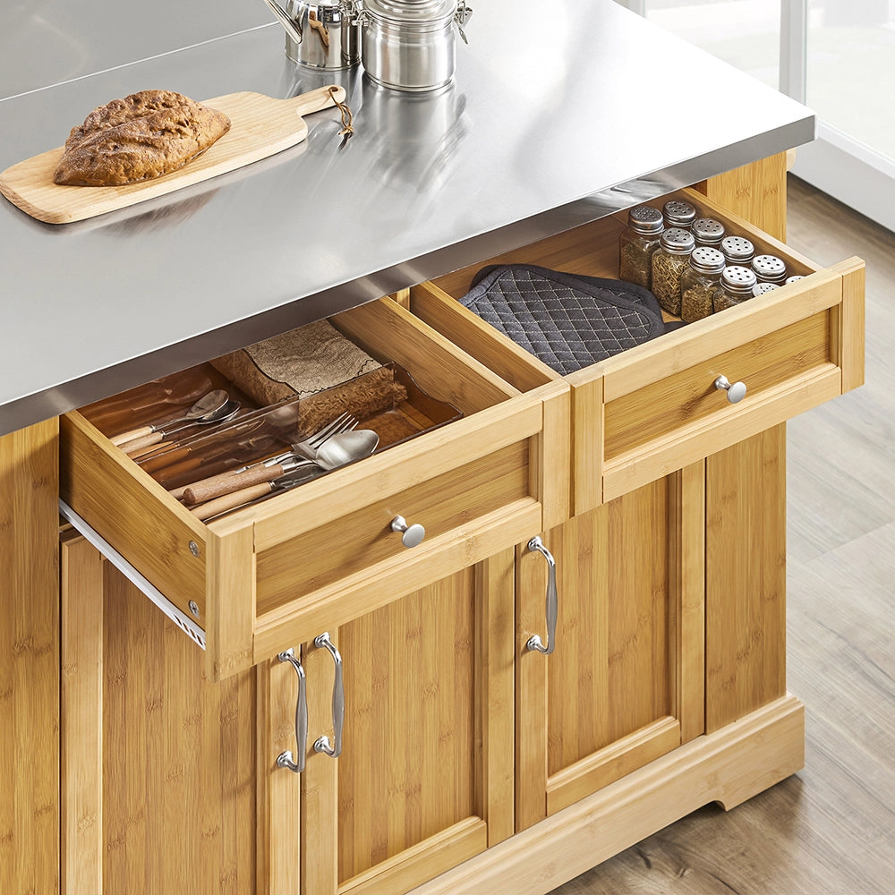 SoBuy Isola Cucina su Ruote con Piano di Lavoro Estendibile, Mobiletto Salvaspazio, Carrello da Cucina con Ruote, con Due Cassetti e Ripiano Regolabile Naturale 107x(46–71) x92,5 cm FKW130-N