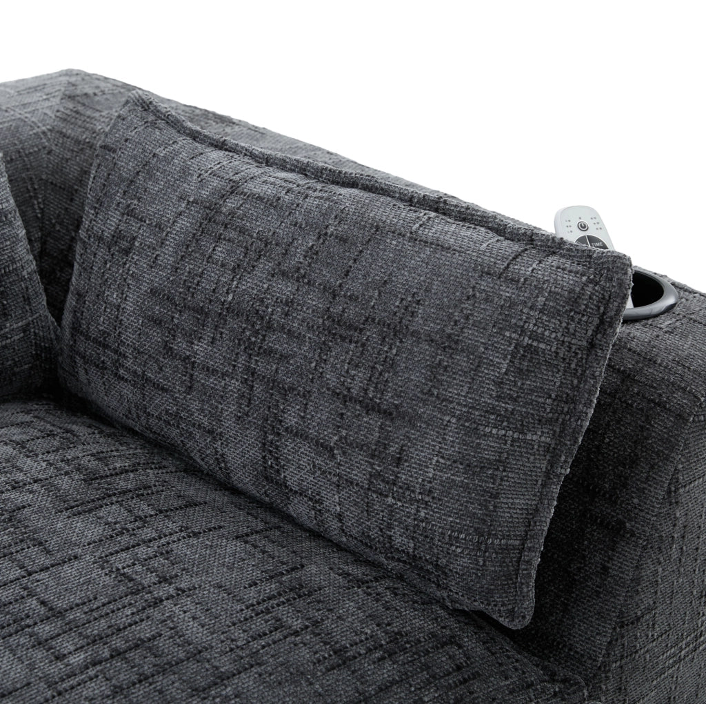 Divano modulare 3 posti con pouf; tasche laterali e cuscini; in chenille grigio scuro 256x161x75 cm