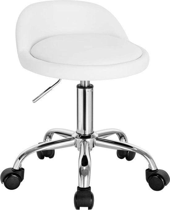 Sedia da lavoro con ruote, Sedile da lavoro, regolabile in altezza, Sedia da lavoro con ruote, schienale basso, Sedia da lavoro bianca, altezza seduta 43-54,5 cm, pelle sintetica