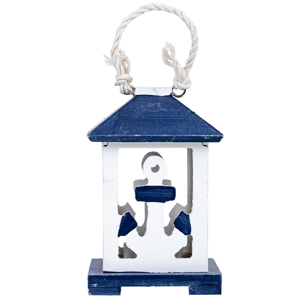 Portacandele da appendere in legno con ancora blu 10x10x23h cm