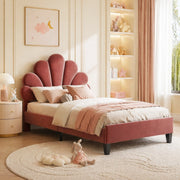 DESMIU Letto Singolo 1 Piazza con Testiera a Fiore e 12 Doghe, 90 × 200 cm, senza materasso, Velluto Rosso