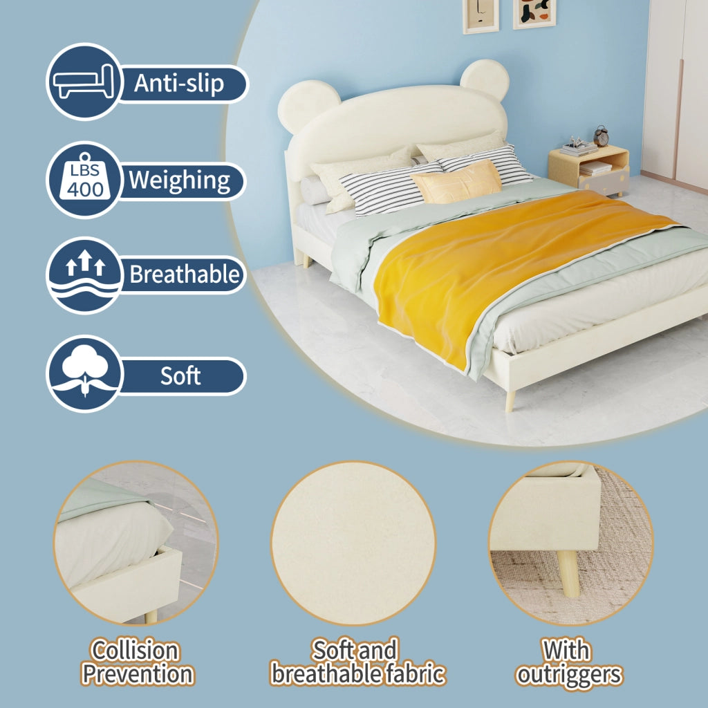 DESMIU Letto per bambini 140 × 200 cm con testiera orso, in tessuto e metallo, materasso incluso, beige