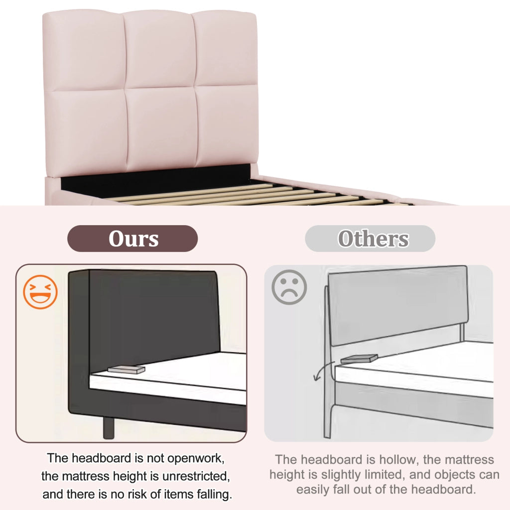 Letto per bambini singolo 90 × 200 cm con contenitore idraulico, USB e porta tipo C, senza materasso, rosa