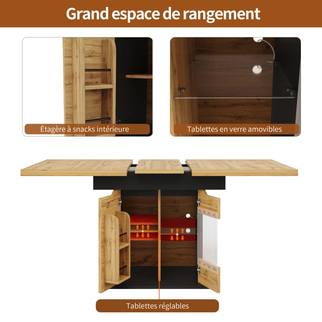 Tavolo da Pranzo per 4-6 Persone con Allunga; LED; Vano Contenitore e Ante in Vetro; MDF; 110-140x80x76 cm