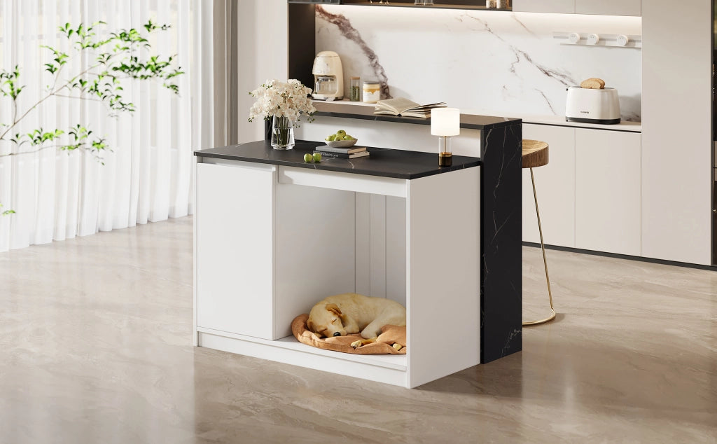 Isola cucina multifunzionale con bancone e area relax per animali, 120×80×100 cm, bianco e nero