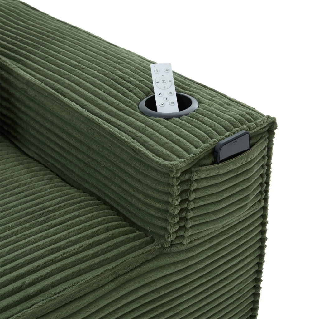 Divano modulare a 2 posti in velluto a coste con portabicchieri e tasche laterali verde 188 × 90 × 75 cm