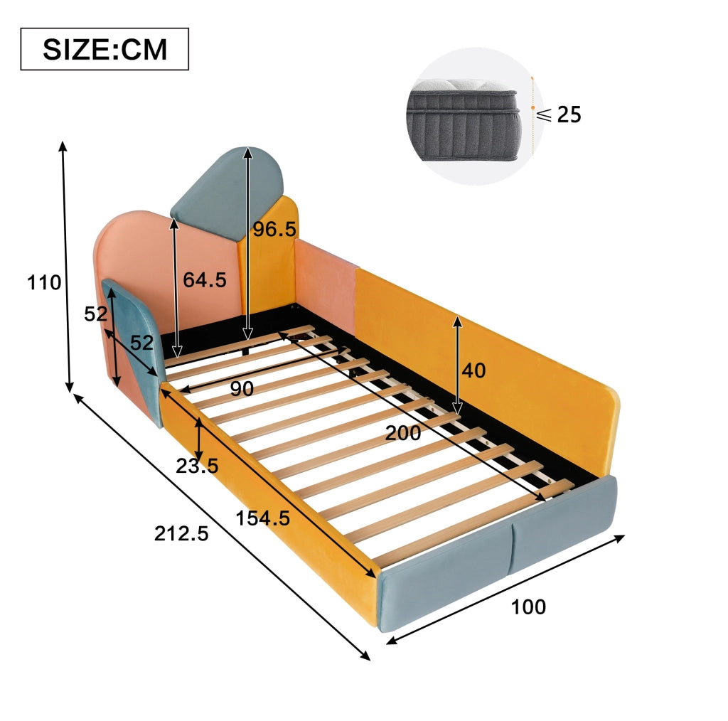 Letto imbottito 90x200 cm con protezione laterale rialzata in velluto multicolore