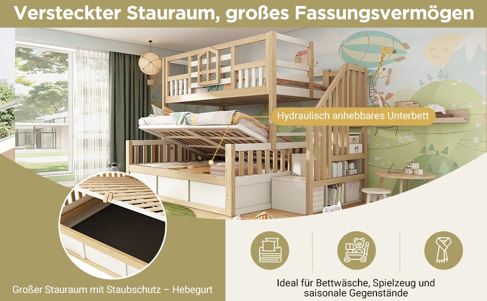 Letto a Castello per Bambini 90+140x200 ¨C MINIMAL ¨C Bianco/Legno Naturale, Idraulico, Contenitore, Doghe, Rete