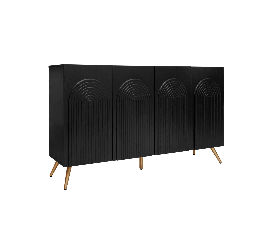 Credenza Mid-Century ¨C Xylo ¨C Nero, Legno, Ante ad Arco, Ripiani, Gambe Metallo Oro