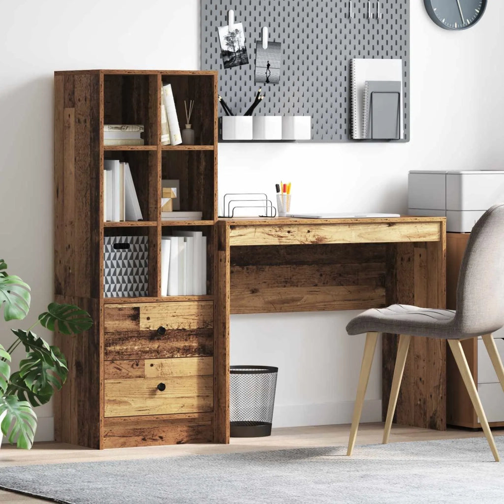 Scrivania | Tavolo da Ufficio con cassetto con lo scaffale 2 pz Legno vecchio