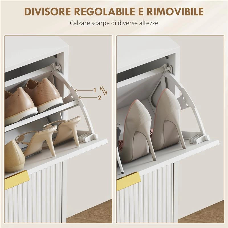 SCARPIERA SLIM PER 20 PAIA DI SCARPE CON 4 CASSETTI A RIBALTA E RIPIANI REGOLABILI, 105X24X91.5 CM, BIANCO