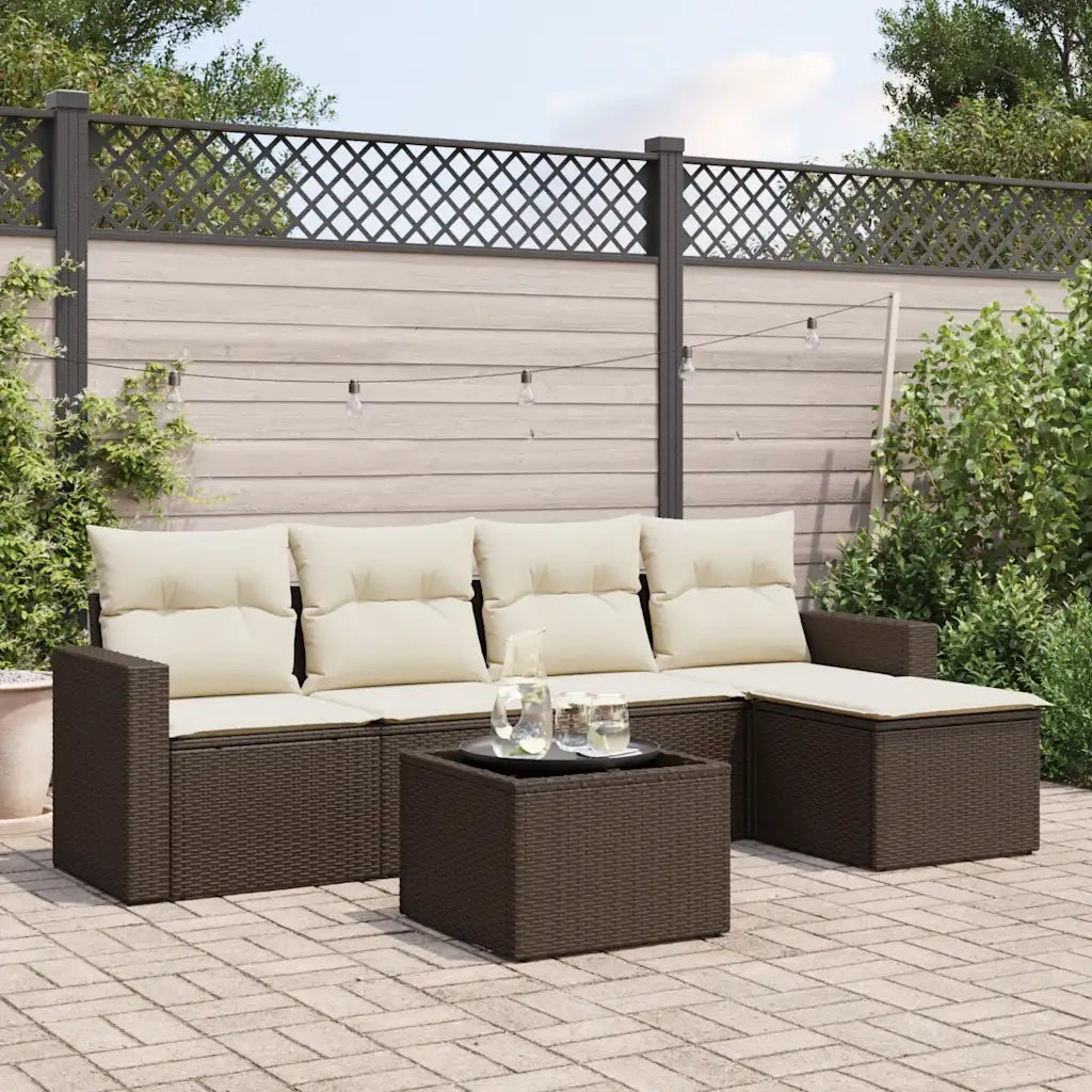 Set Divano da Giardino 6 pz | Set Salotto da Giardino con Cuscini Marrone in Polyrattan