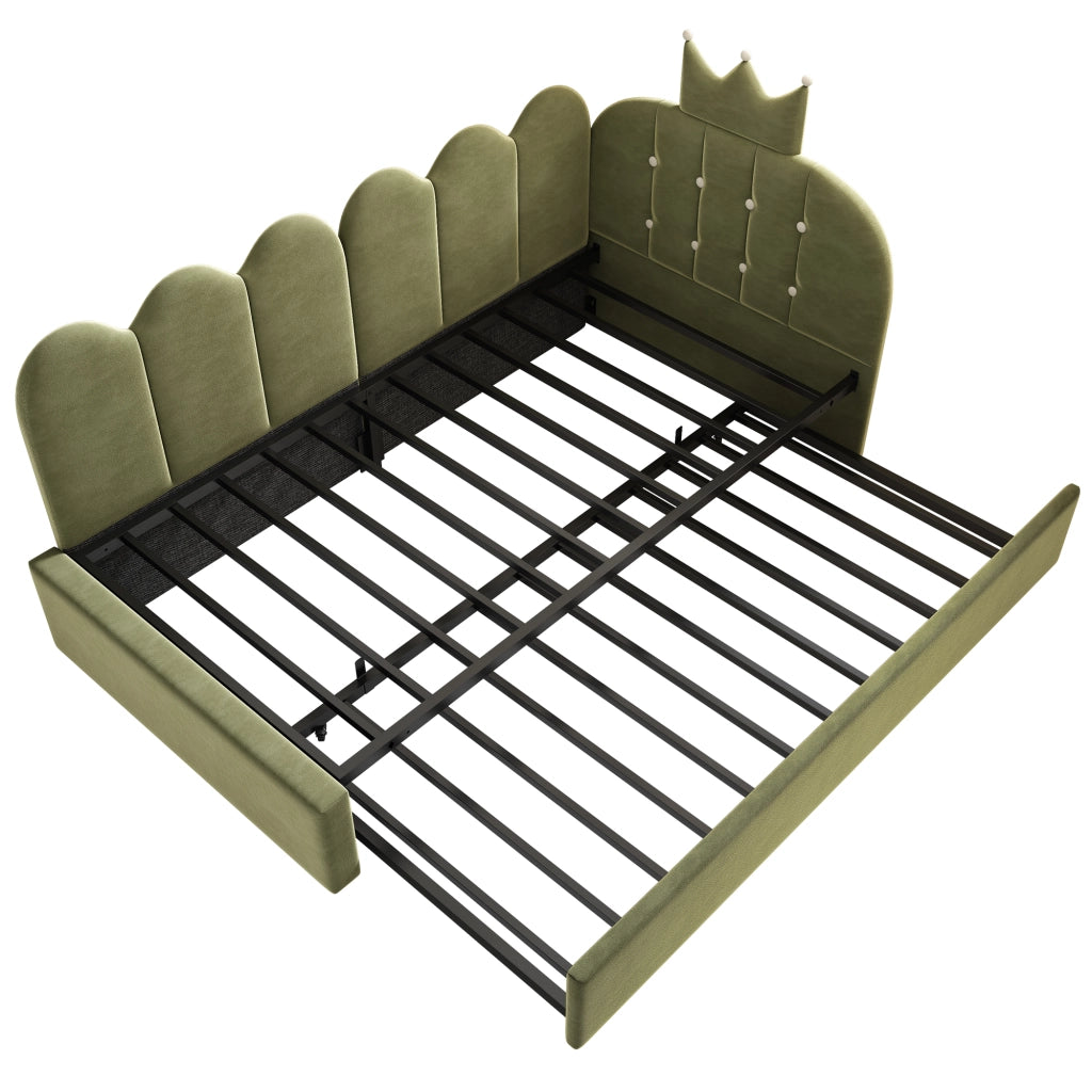 Letto daybed imbottito in velluto verde con letto estraibile 90x200 cm, design a corona, 2 pacchi