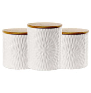 TRIS DI BISCOTTIERE IN CERAMICA CON TAPPO IN LEGNO 2 DA 10X12.5 CM E UNA 13X16 CM BIANCHE
