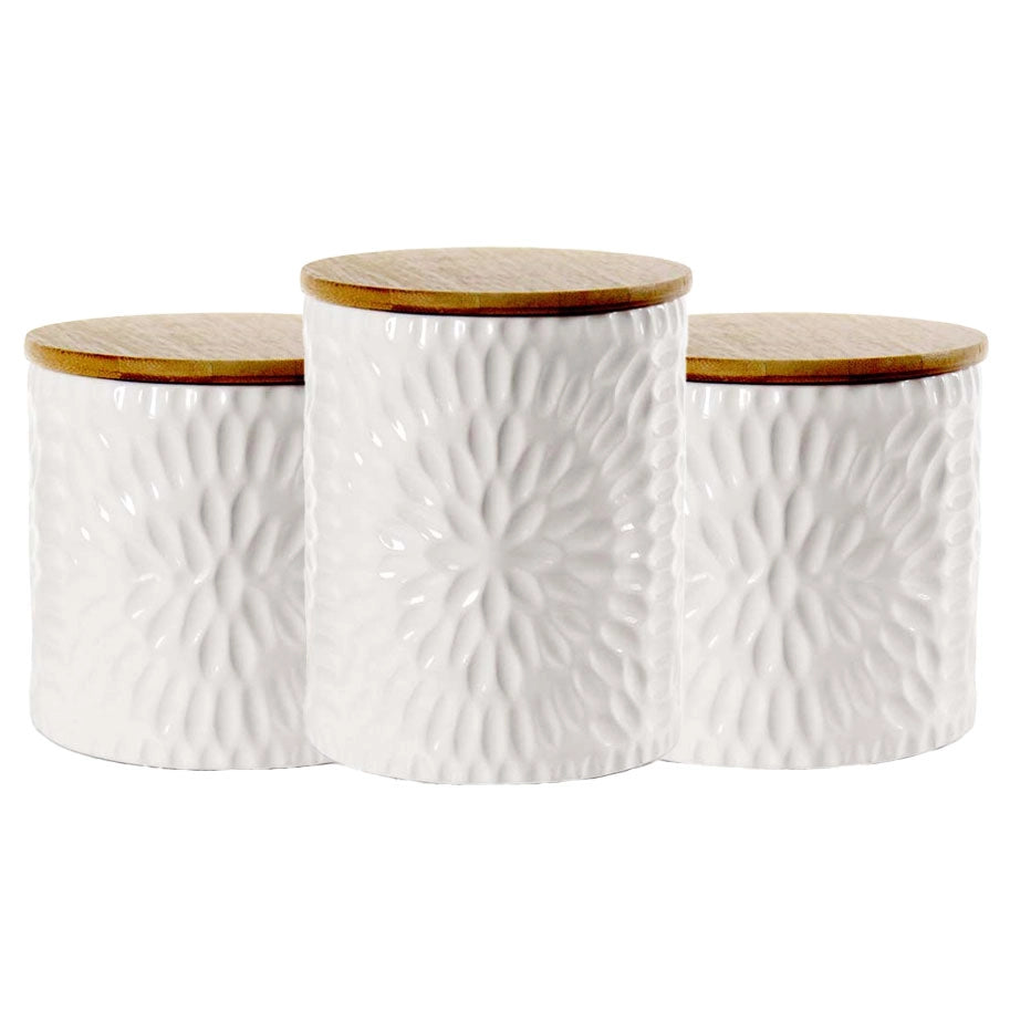 TRIS DI BISCOTTIERE IN CERAMICA CON TAPPO IN LEGNO 2 DA 10X12.5 CM E UNA 13X16 CM BIANCHE