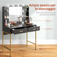 Consolle Trucco 2 Cassetti 6 Ripiani e Specchio 90x45x132,5 cm in Legno e Acciaio Nero