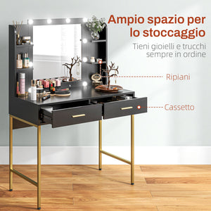 Consolle Trucco 2 Cassetti 6 Ripiani e Specchio 90x45x132,5 cm in Legno e Acciaio Nero