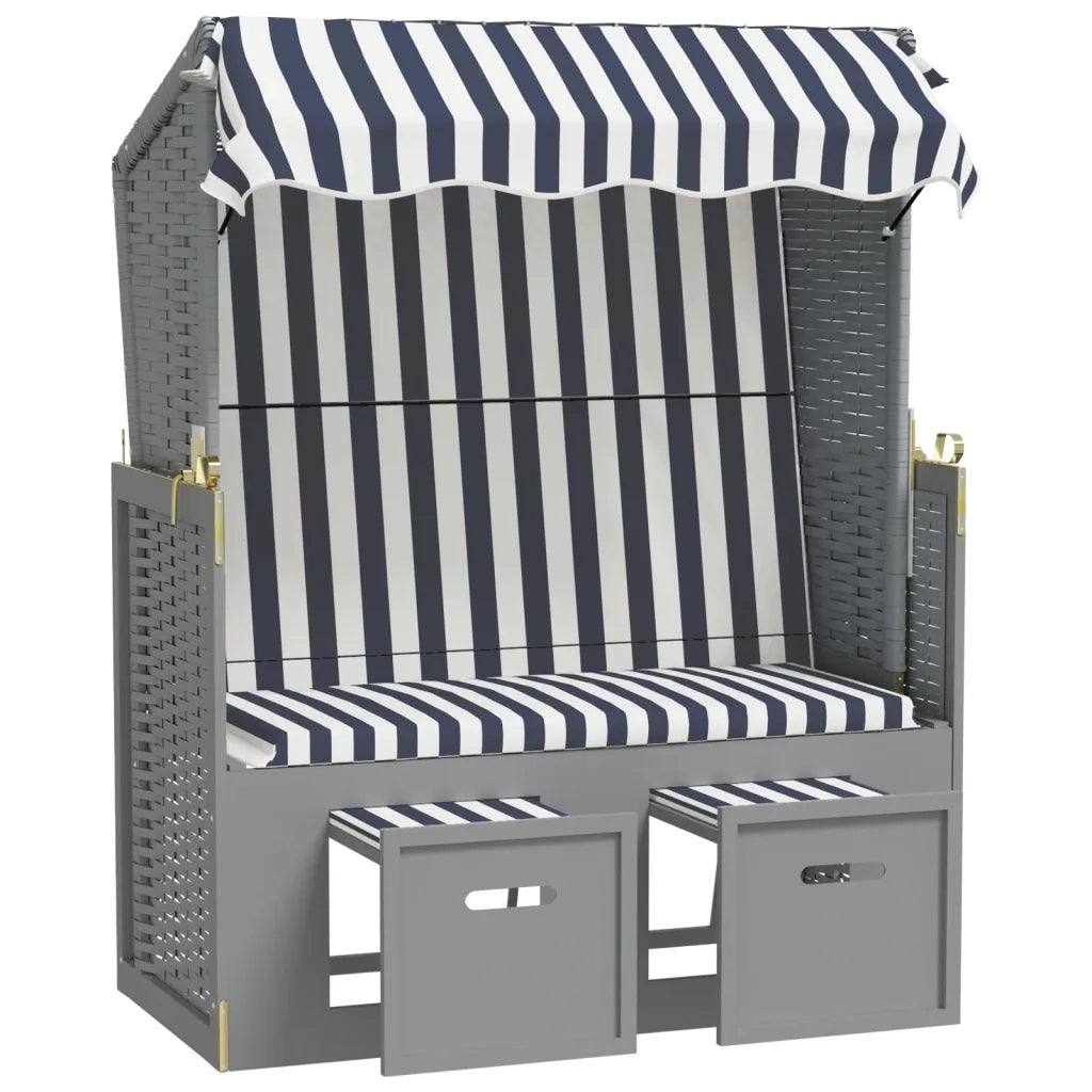 Strandkorb con Tettoia Polyrattan e Legno Massello Blu e Bianco 318651