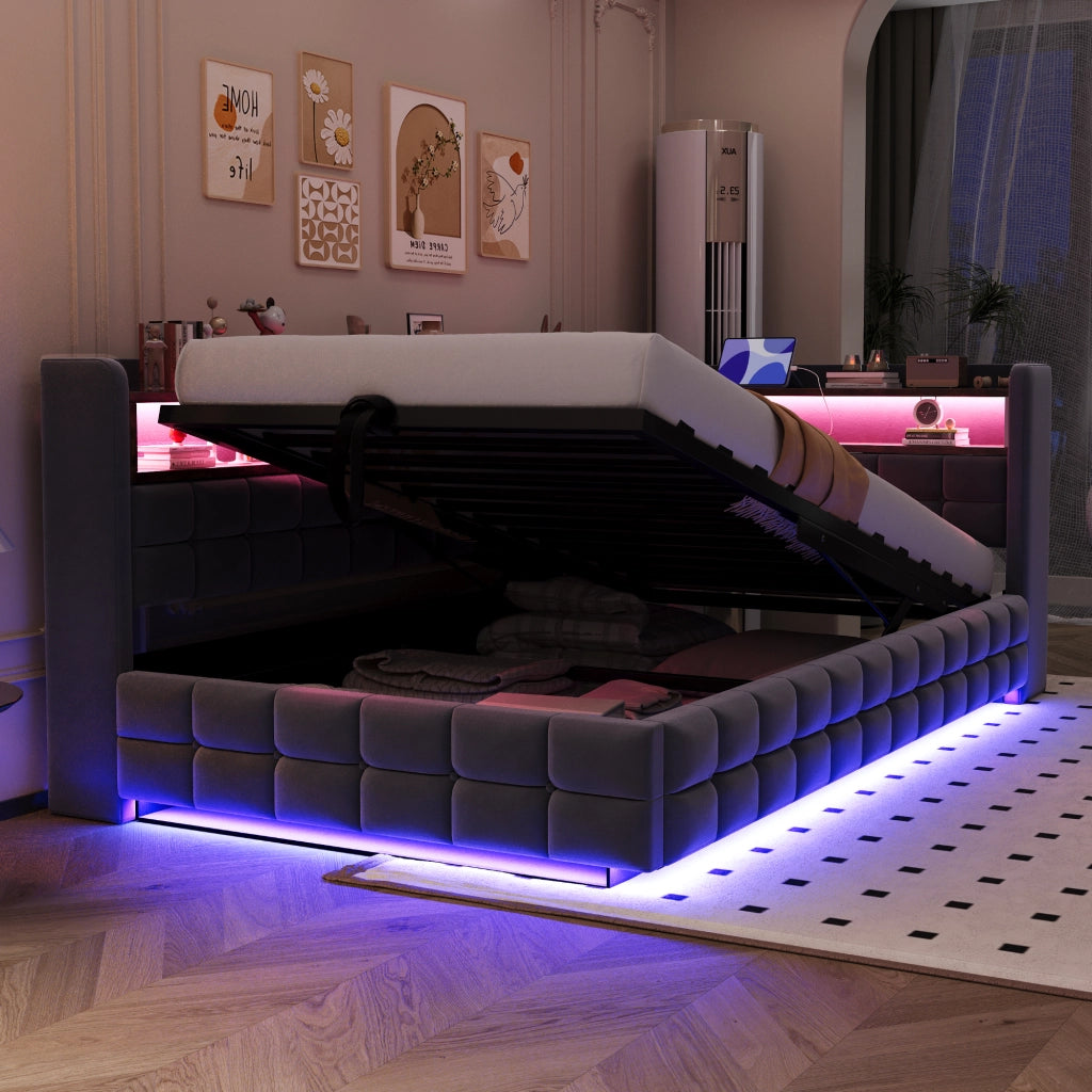 DESMIU Letto Divano 1 Posto con Contenitore, Mensole, USB, Tipo C e LED 90 × 200 cm, senza materasso