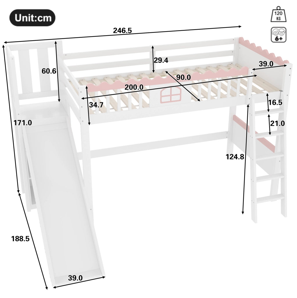 Letto a soppalco per bambini 90x200 cm con scivolo e LED