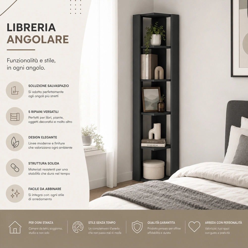 Libreria Angolare 5 Ripiani in Legno Antracite Scaffale Salvaspazio 34x34x161cm