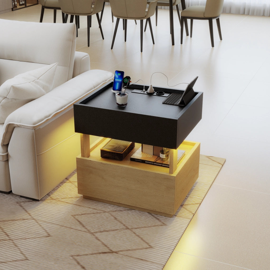TAVOLINO NOTTURNO con ricarica wireless e USB 50x40x50 cm Nero/Naturale