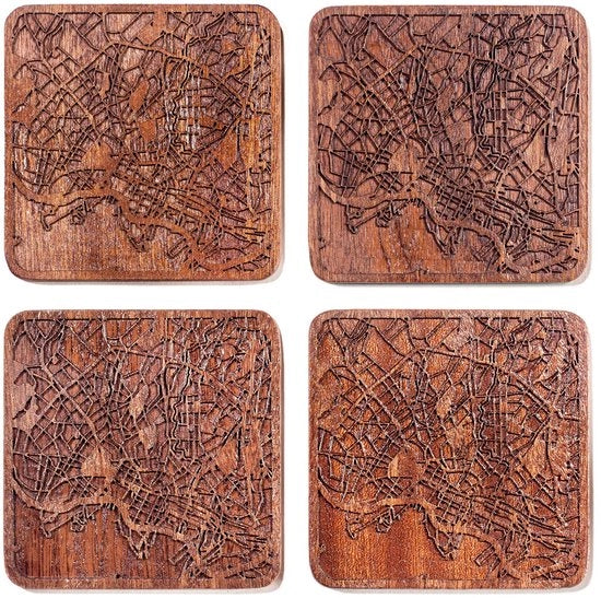 Sostegni Oslo con pianta di legno di Sapele, 4 pezzi, con pianta urbana, diverse città opzionale, realizzati a mano