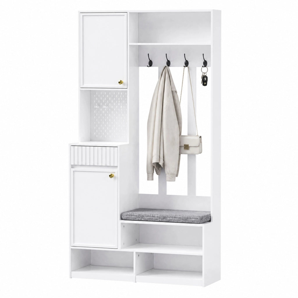 Mobile ingresso multifunzione con panca; 4 ganci; cassetti e pannello forato; bianco 100x35x180 cm