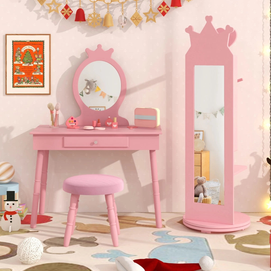 Armadio portagioielli per bambini con base girevole e ampia capacit¨¤ di archiviazione, Specchio a figura intera Rosa-Armadietti per gioielli