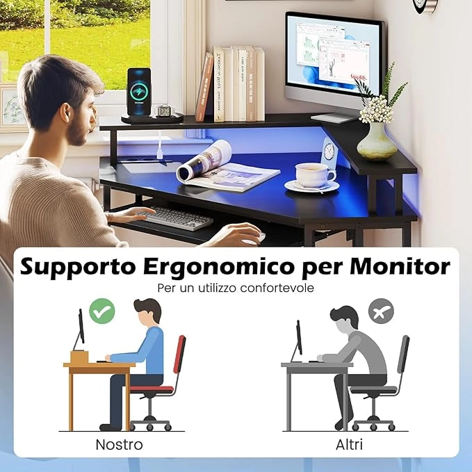 Scrivania per Computer, Scrivania Gaming Triangolare con Stazione di Ricarica, LED, Vassoio per Tastiera e Supporto per Monitor, 80 x 80 x 88 cm, Desk Salvaspazio con Ganci e Scaffale (Nero)