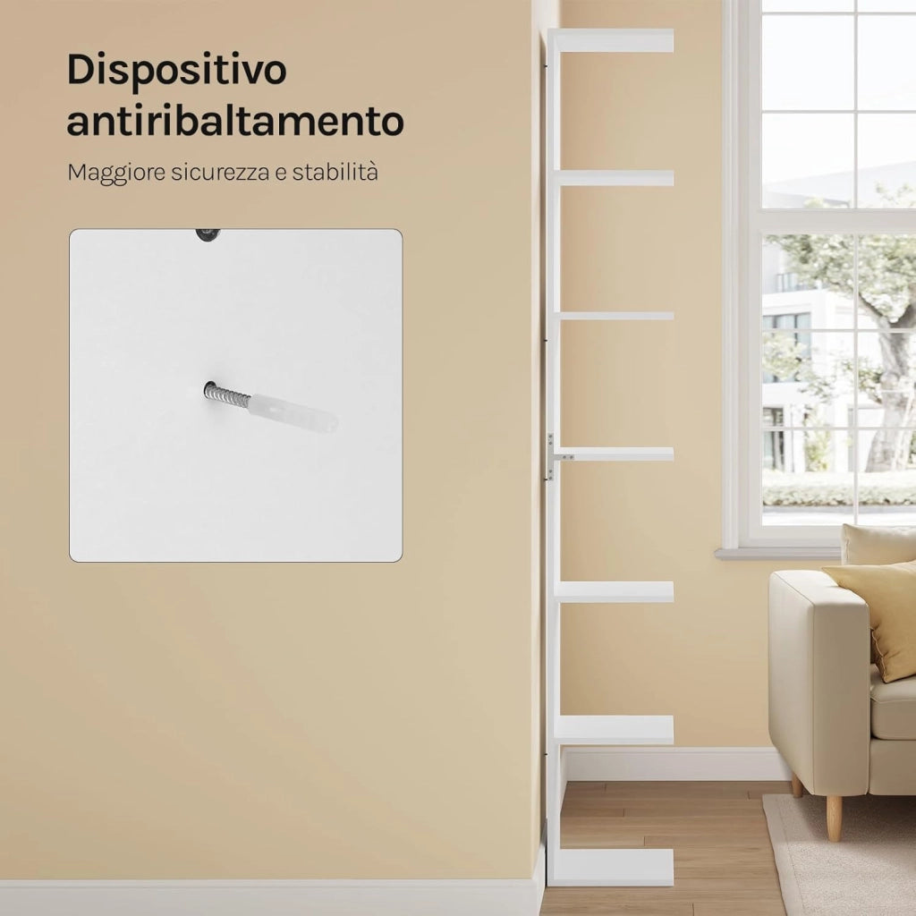 Scaffale Angolare Modulabile, Libreria a Muro 7 Livelli o 2 Scaffali Indipendenti da 4 Livelli, in Legno per Soggiorno, Camera da Letto, Cucina, Colore Bianco
